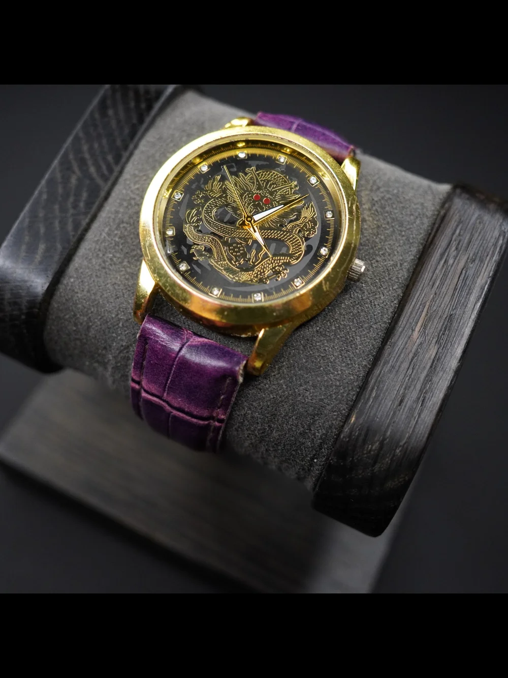 Oruss 1853 Dragon Men's Quartz Watch Gold Tone Black Dial Purple Leather Band